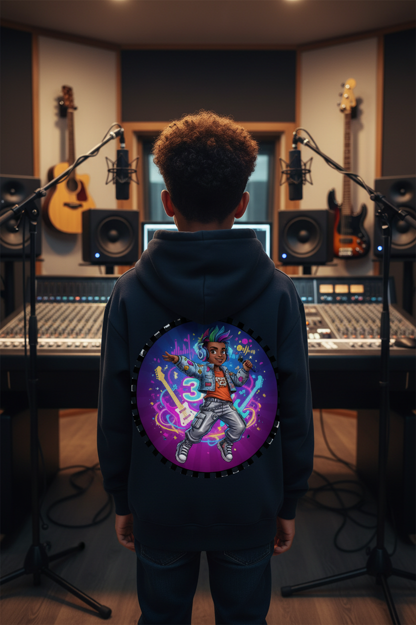 Black hoodie with a colorful graphic on the back against a white background