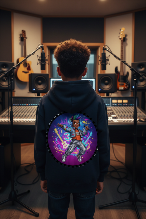 Black hoodie with a colorful graphic on the back against a white background