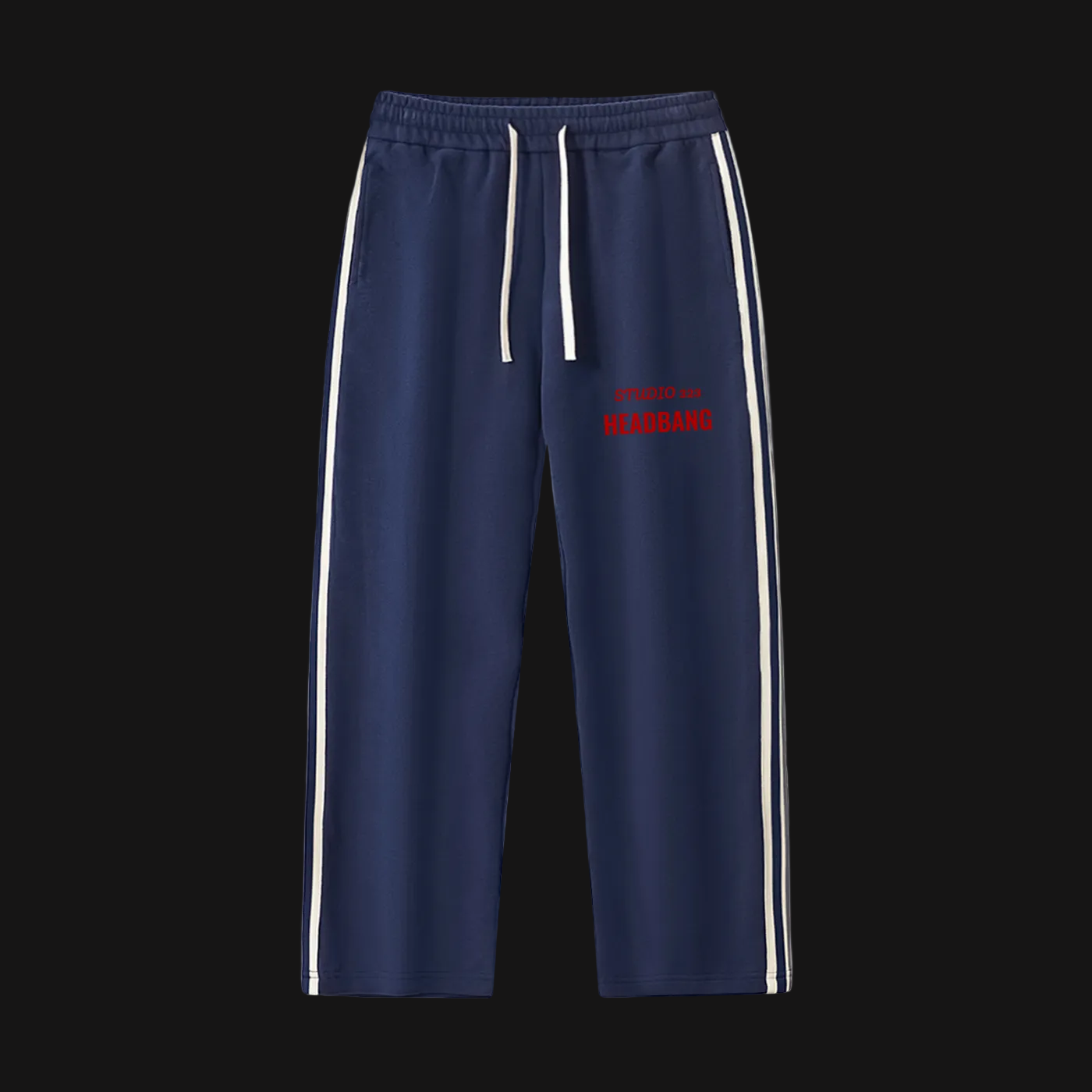 Navy blue pants with white stripes on a white background