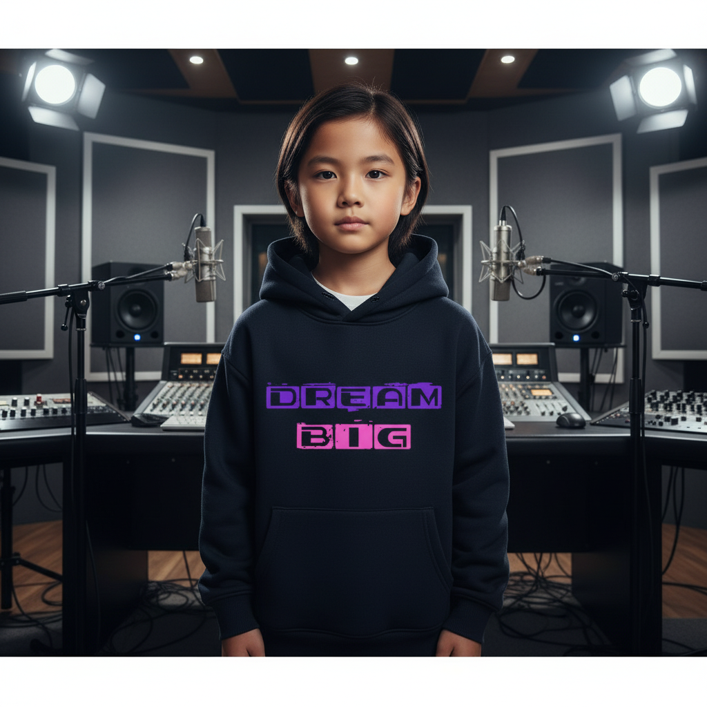 Black hoodie with 'Dream Big' text in purple and pink on a white background