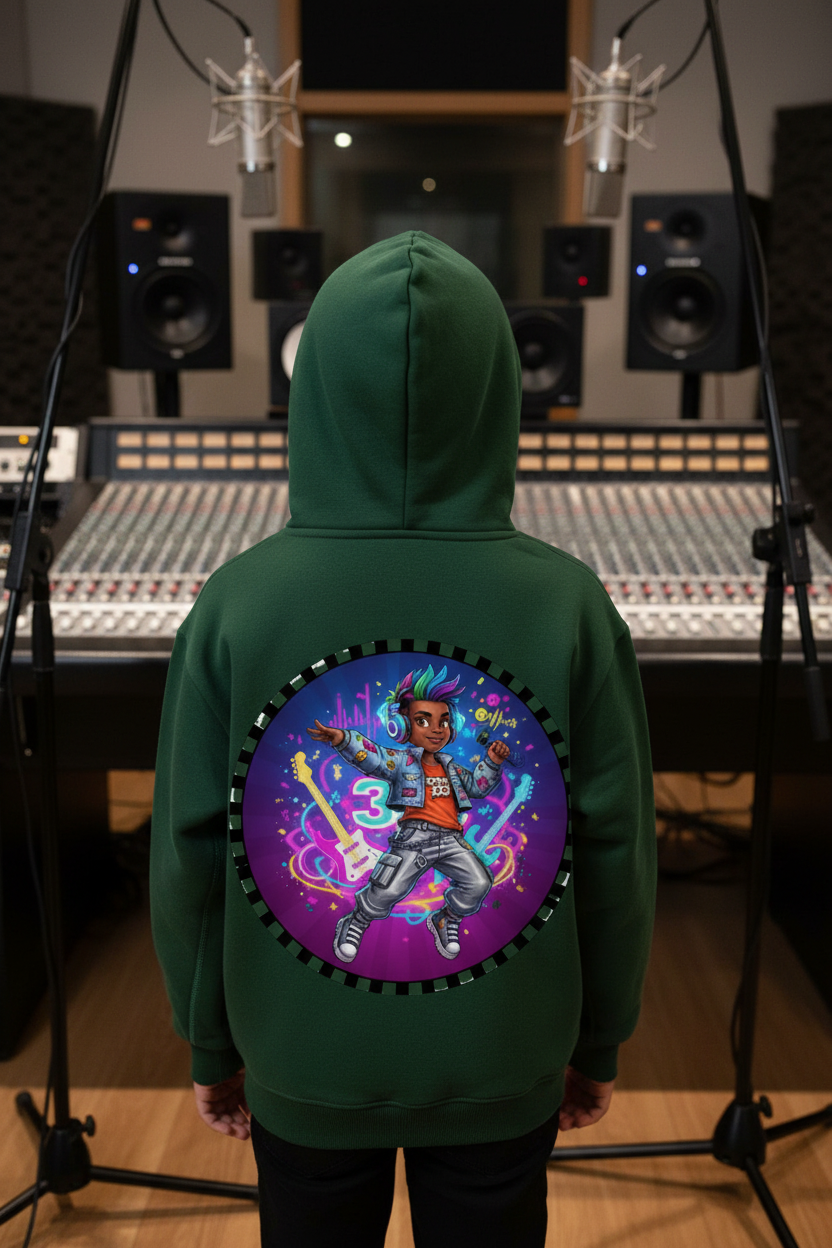 Green hoodie with a colorful graphic on the back against a white background