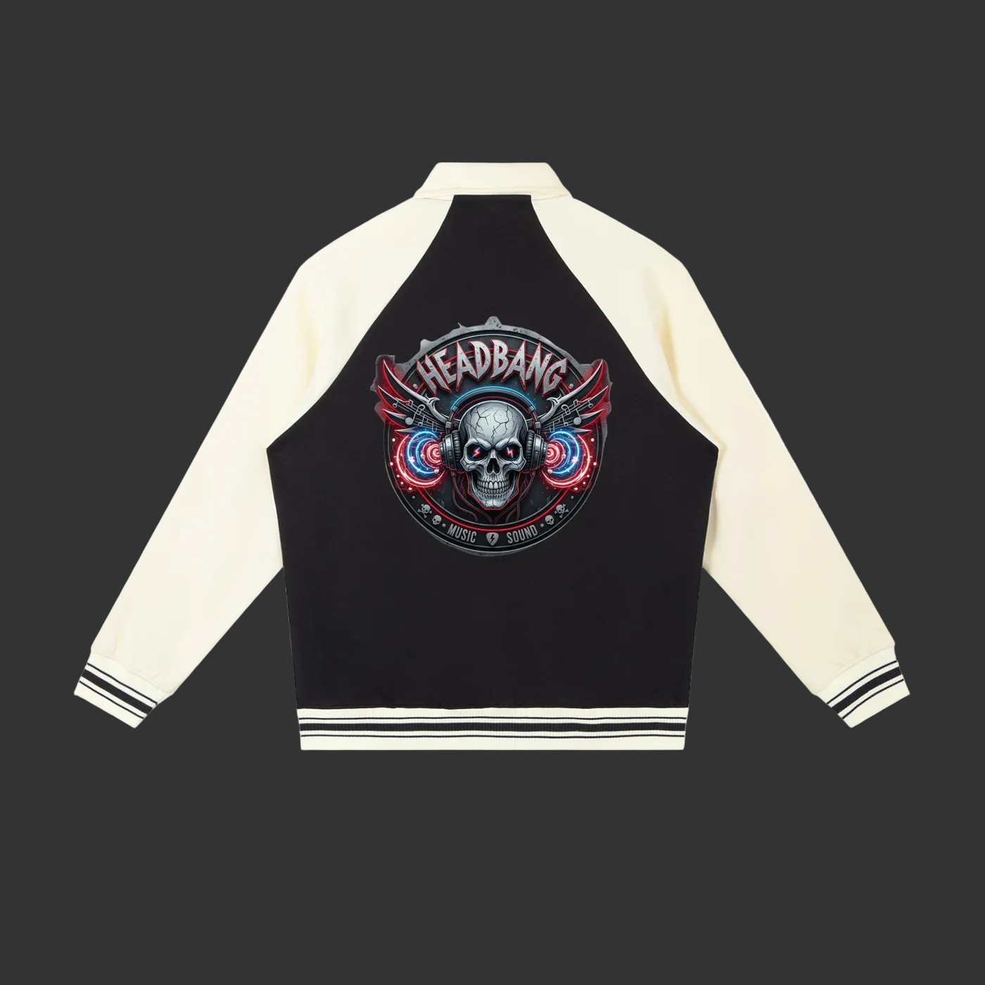Black and cream varsity jacket with a skull and crossbones design on the back, featuring the word 'HEADBANG'.