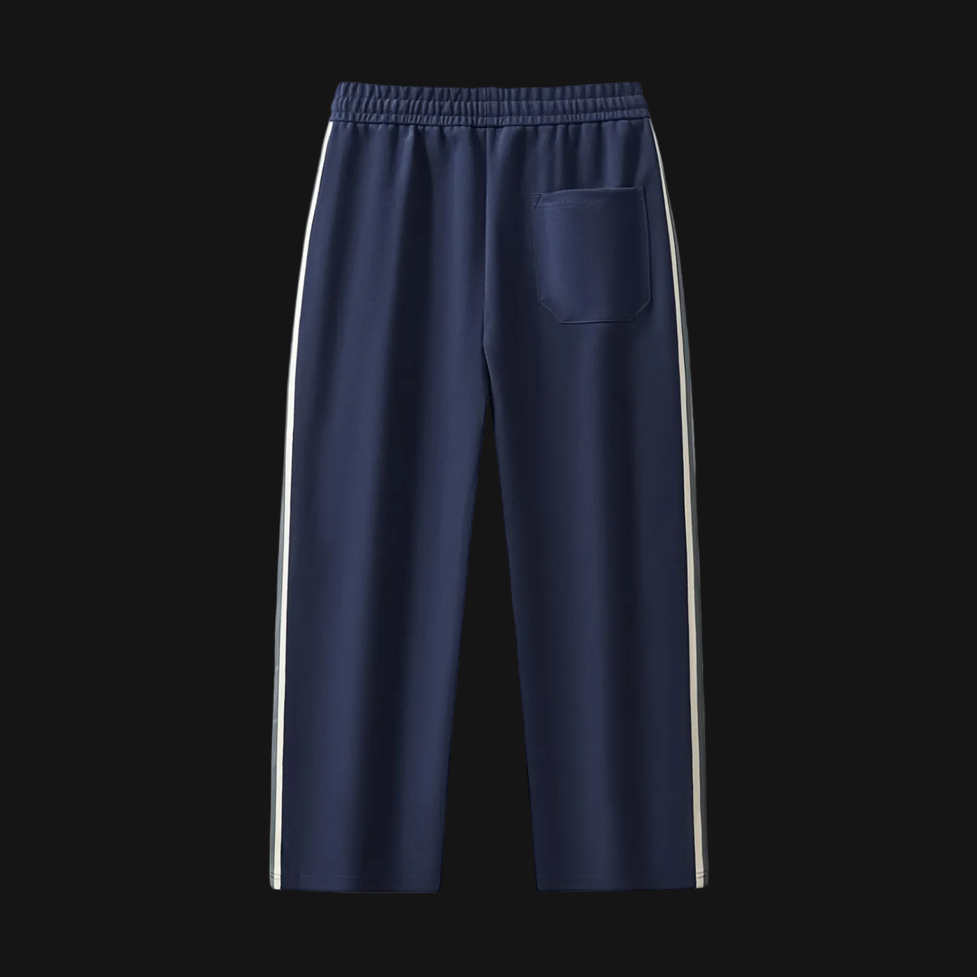 Navy blue pants with white stripes on a white background