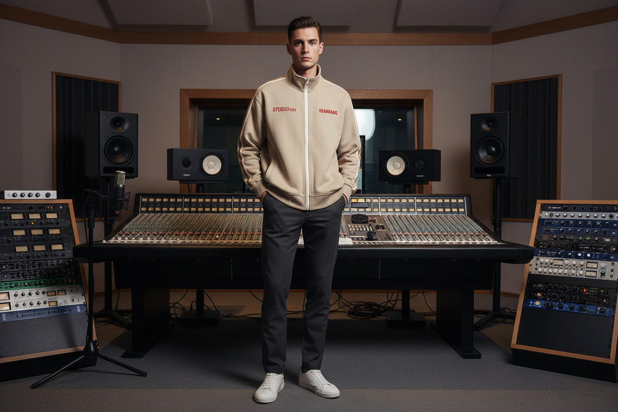 Beige jacket with red text on a white background