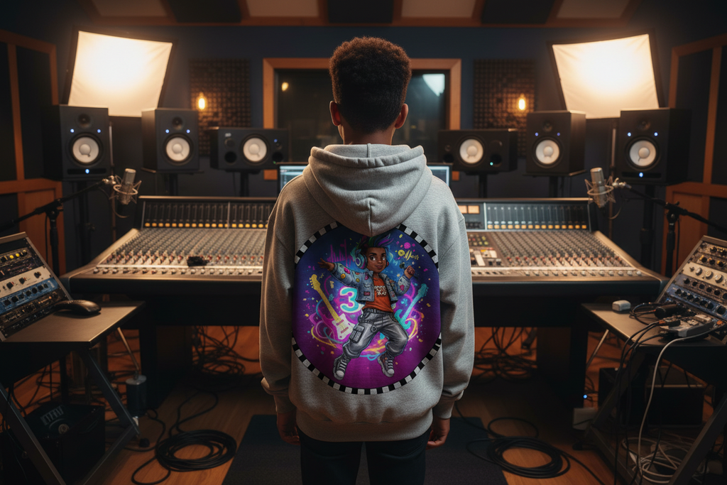 Gray hoodie with a colorful graphic of a person on the back on a white background