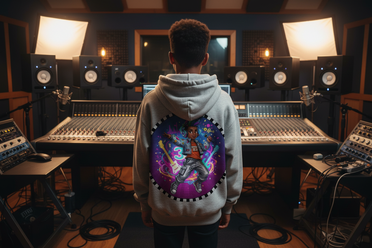 Gray hoodie with a colorful graphic of a person on the back on a white background