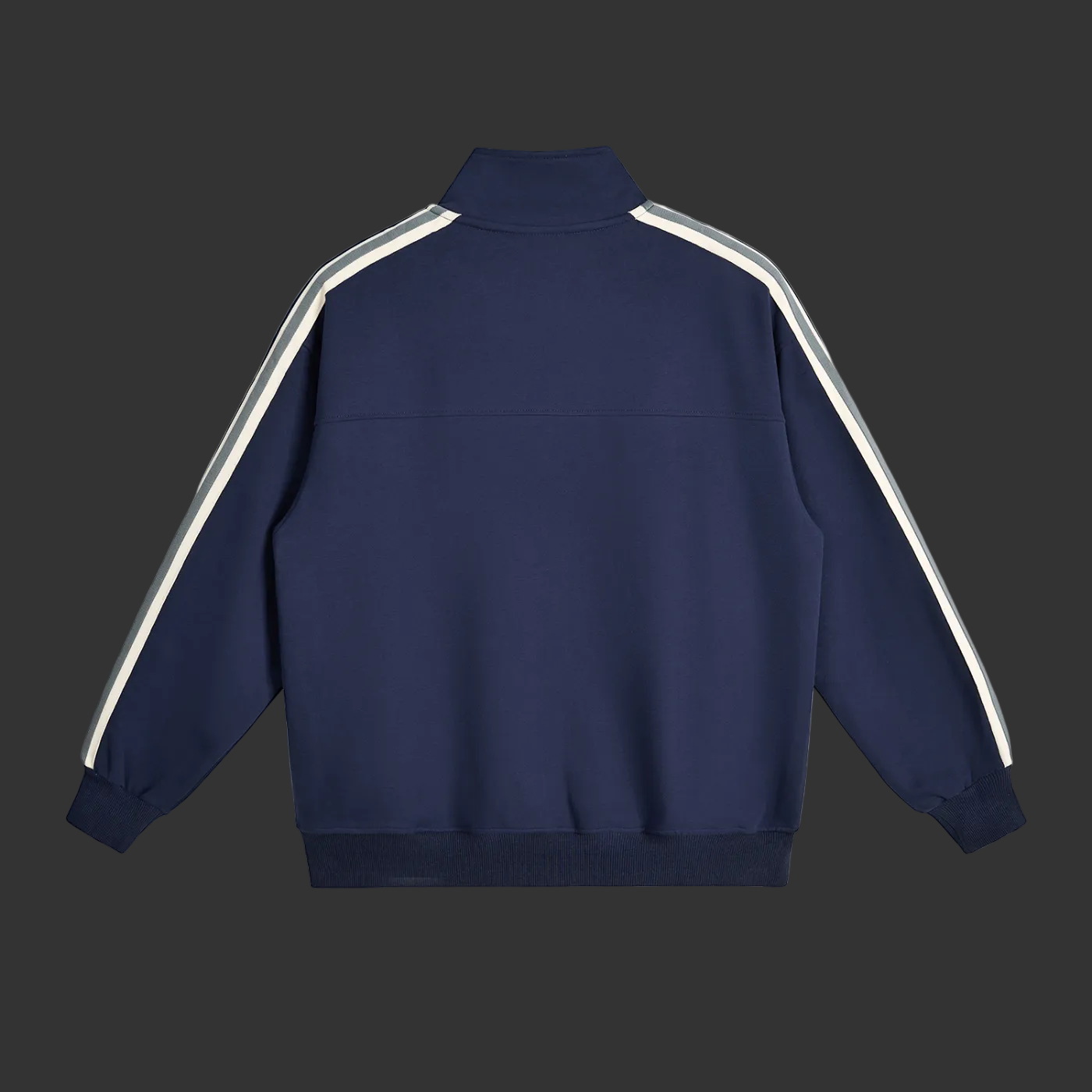 Navy blue jacket with white stripes on sleeves on a white background