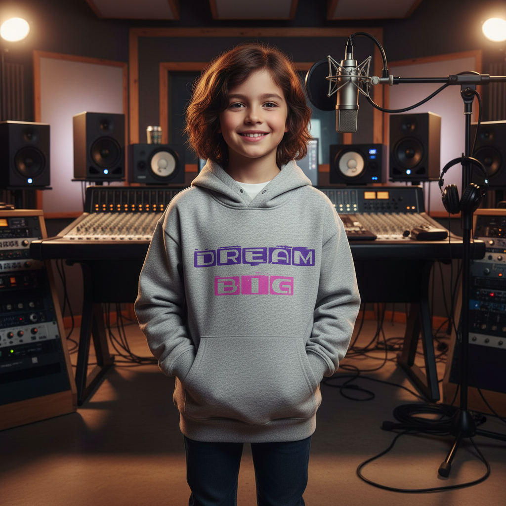 Gray hoodie with 'Dream Big' text in purple and pink on a white background